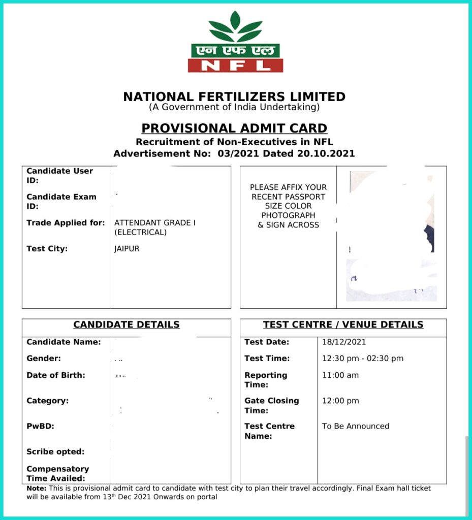 NFL Admit Card 2021 ITI Education