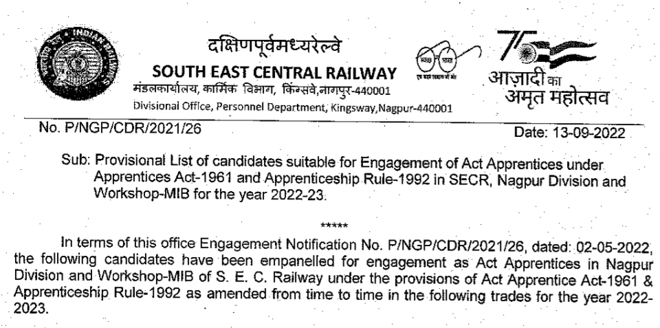 SECR Nagpur Apprentice Notice 