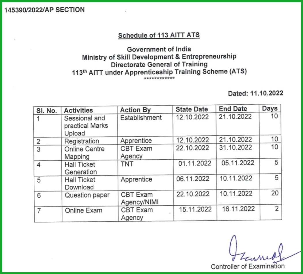 AITT 113 Apprenticeship (ATS) Schedule 2022 - ITI Education