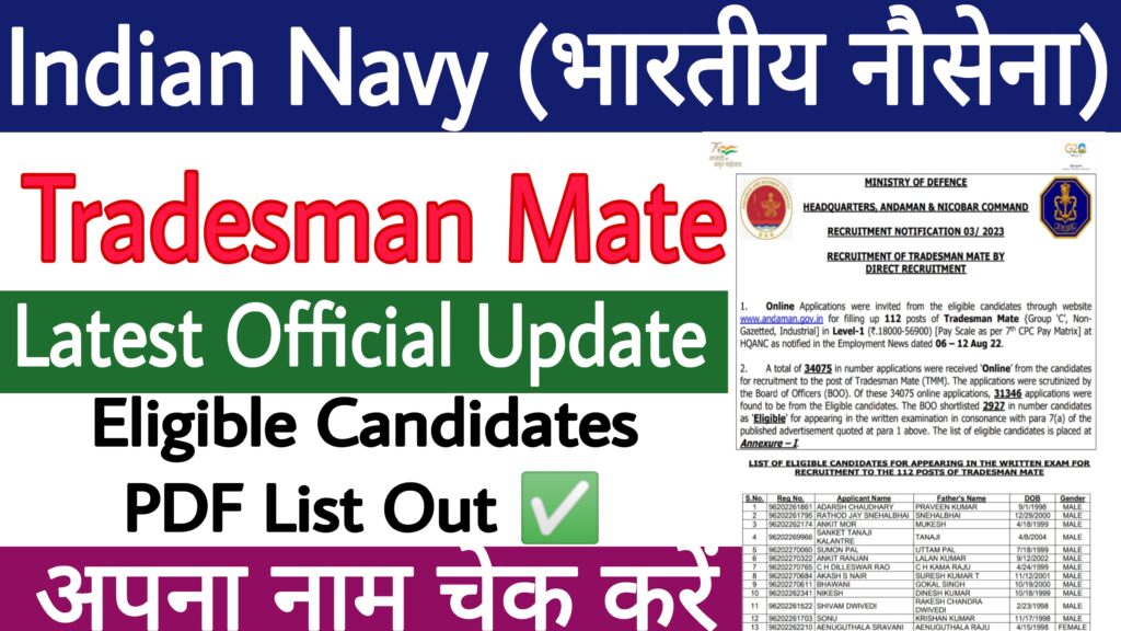 Indian Navy Tradesman Mate Exam Eligible Candidate List 2023