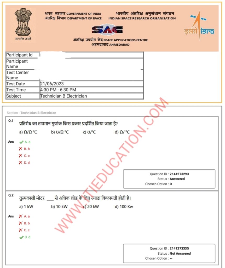 ISRO SAC Technician B Question Paper Download 