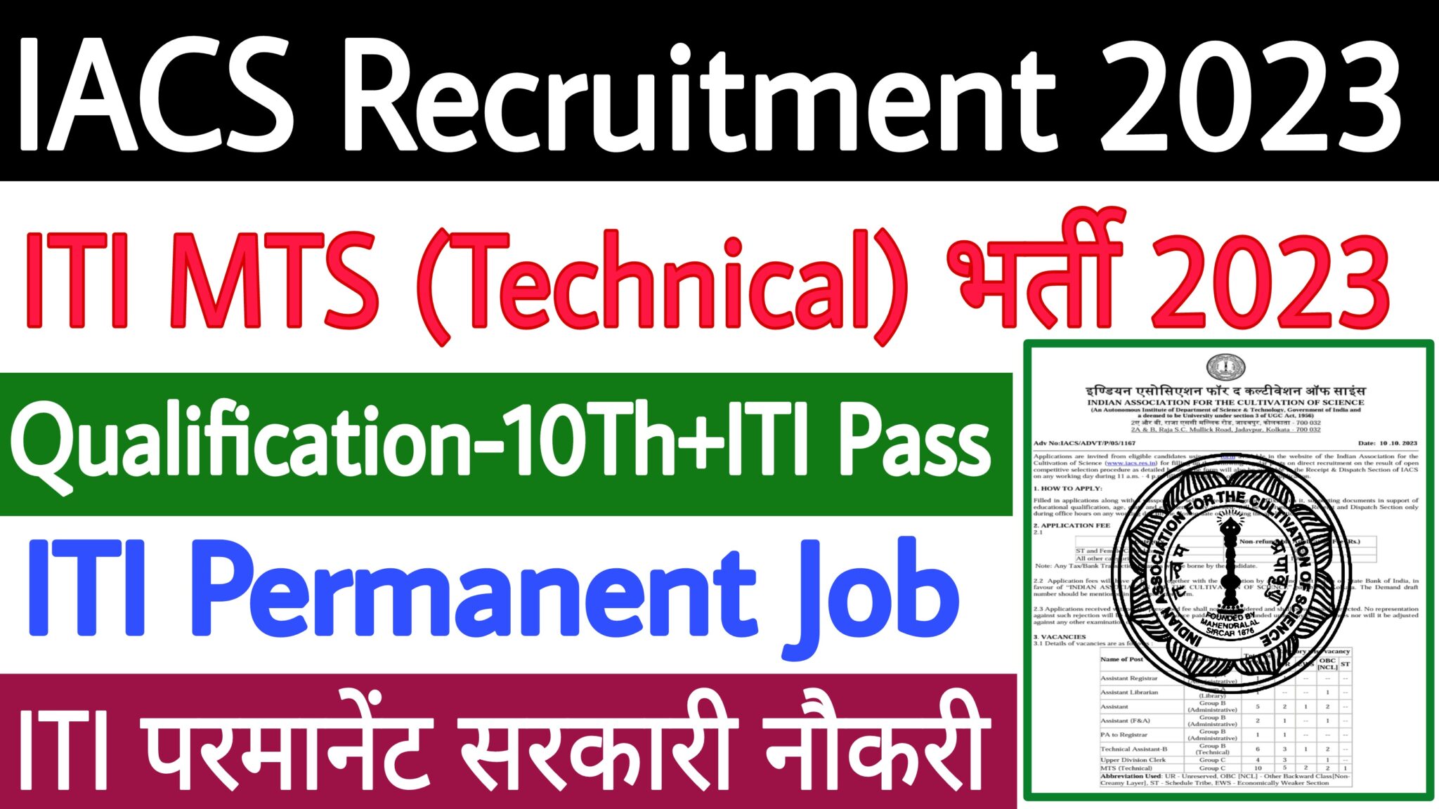 IACS MTS Technical Recruitment 2023 - ITI Education