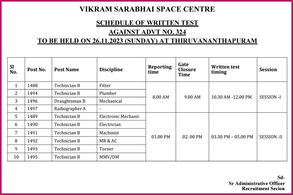 ISRO VSSC Technician-B Re-Exam Schedule 2023 