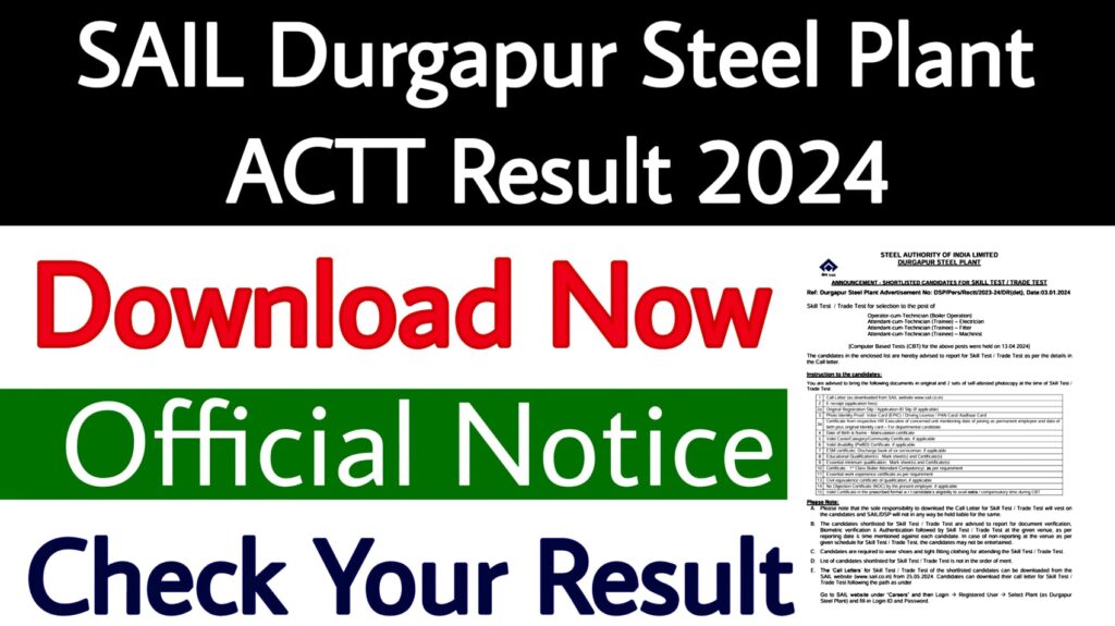 SAIL Durgapur Steel Plant ACTT Result 2024