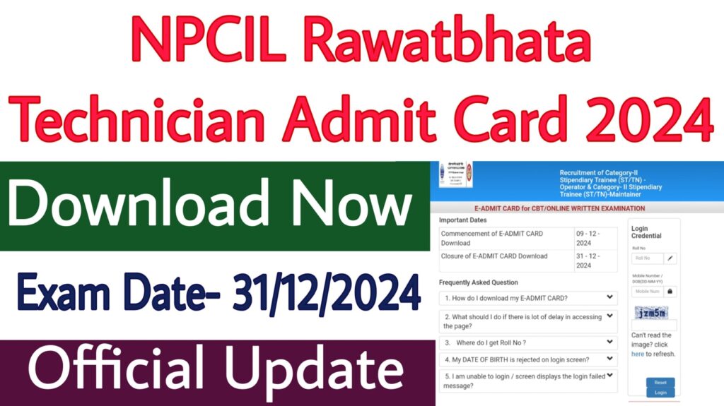 NPCIL Rawatbhata Technician Admit Card 2024